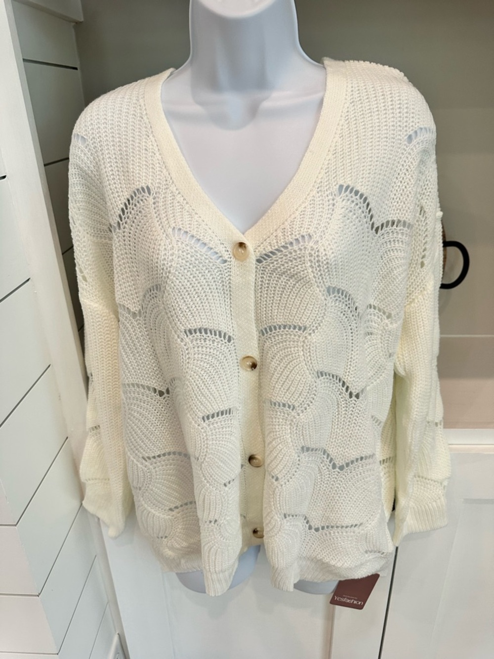 Cream Open-Knit Button Front Women's Sweater Cardigan